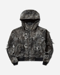 Men's Hard-Washed Damaged Denim Hooded Zip-Up Jacket Black