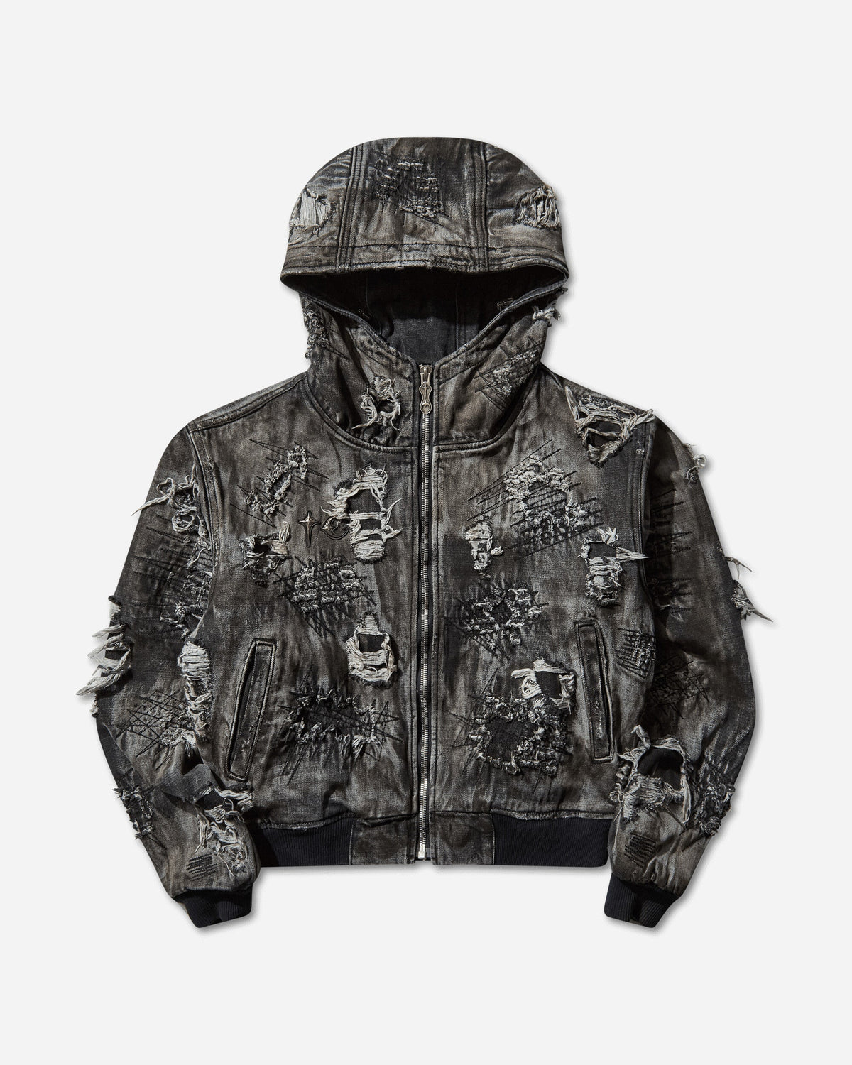 Men's Hard-Washed Damaged Denim Hooded Zip-Up Jacket Black